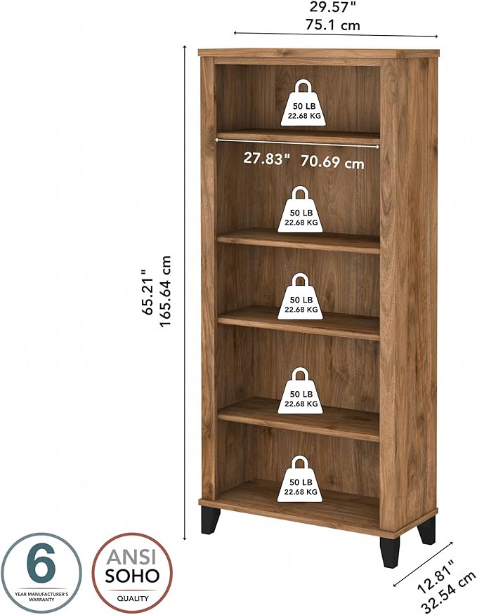 Bush Home Somerset 5 Shelf Bookcase in Fresh Walnut, Tall Bookshelf, Large Book Shelf for Living Room, Home Office, or Entryway