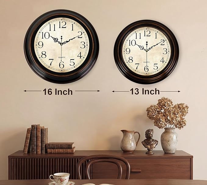 Vintage Wall Clock 13 Inch Quartz Silent Non-Ticking Analog Clock Battery Operated Rustic Round Decorative Clock for Living Room Kitchen Home Office Classroom