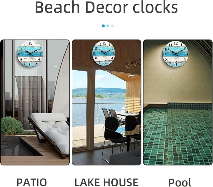 CHYLIN 16 Inch Wall Clock, Large Clocks for Patio, Pool Beach House Decor Tropical Clocks for Walls, Nautical Coastal Themed Blue Clock for Lake House, Bathroom, Living Room, Kitchen (16")