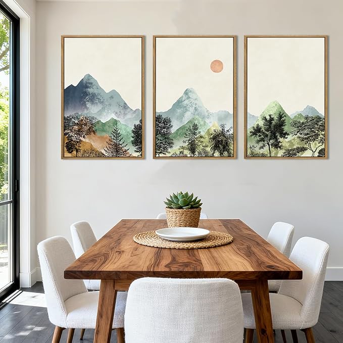 ANHUIB Mountain Wall Art 16x24 Inch Watercolor Landscape Wall Decor Sun Forest Painting Minimalist Pine Tree Artprint Nature Illustration Set of 3 for Living Room Dining Room Office