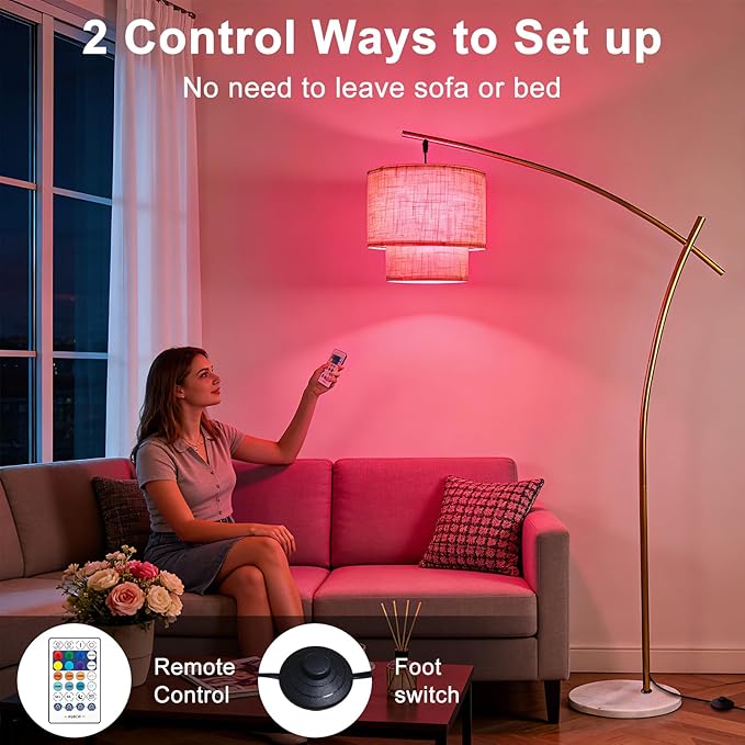 Lightdot Arc RGB Floor Lamp for Living Room, Modern Standing Lamps with Remote Control, Corner Lamp Tall Hanging Pole Lamp with Smart Bulb Included Double Linen Lamp for Bedroom Sofa Beside/Home Decor