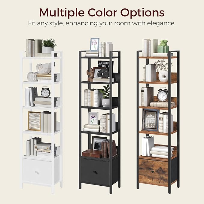 Bookshelf, 6-Tier Bookcase with Drawer, Small Book Shelf for Small Space, Storage Shelf Organizer, for Living Room, Bedroom, Study, Kitchen, White BKWT66101