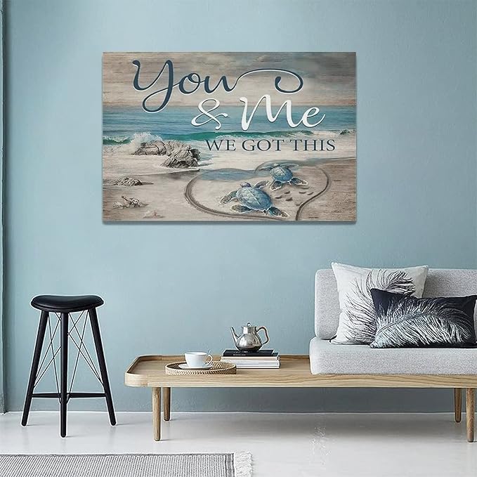 yerretin Beach Sea Turtle Bathroom Wall Art Ocean Turtle Pictures Wall Decor Coastal Nautical Seascape Canvas Painting Love Artwork Home Decoration for Bedroom Office Framed 24"x16"