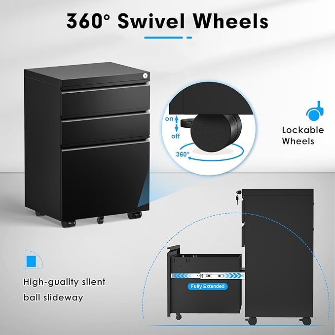 Greenvelly Mobile File Cabinet, 3 Drawer Metal Filing Cabinet on Wheels, Under Desk File Cabinet for Home Office Organizer Letter/Legal/A4 File (Requires Assembly-Black)