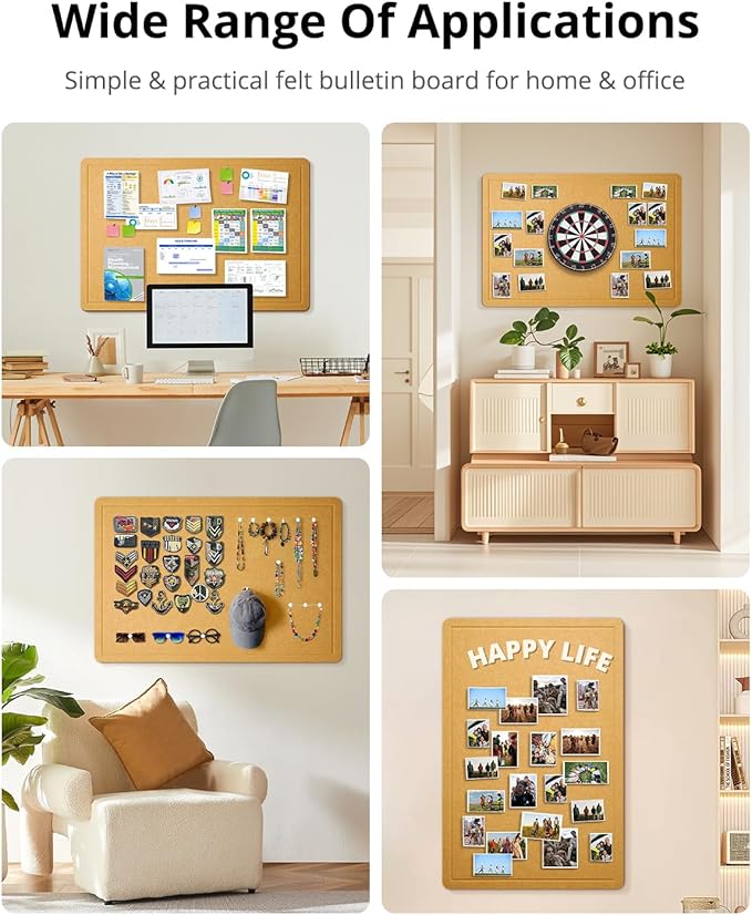 Bulletin Board, 36 x 24 inches Cork Board Alternative, 6 Pack Felt Pin Boards for Walls Home Office Decor, Classroom with 30 Adhesive Tabs Longan Yellow