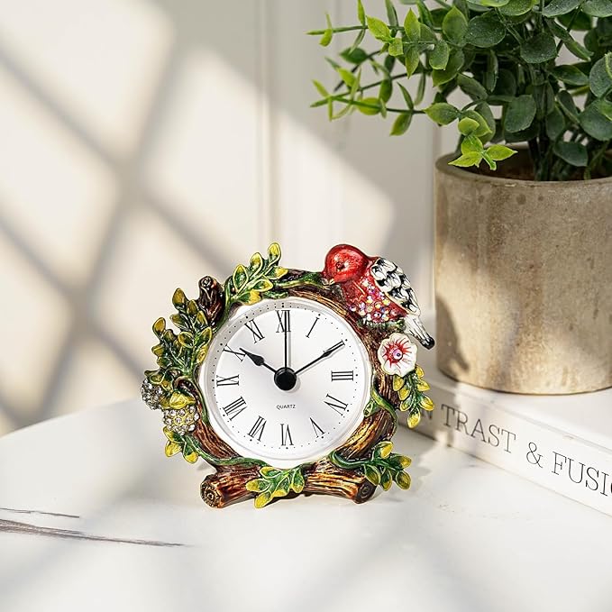 Mini Tabletop Clock, Decorative Vintage Floral Metal Table Clock with Battery Operated for Bedside, Table, Living Room, Home and Office