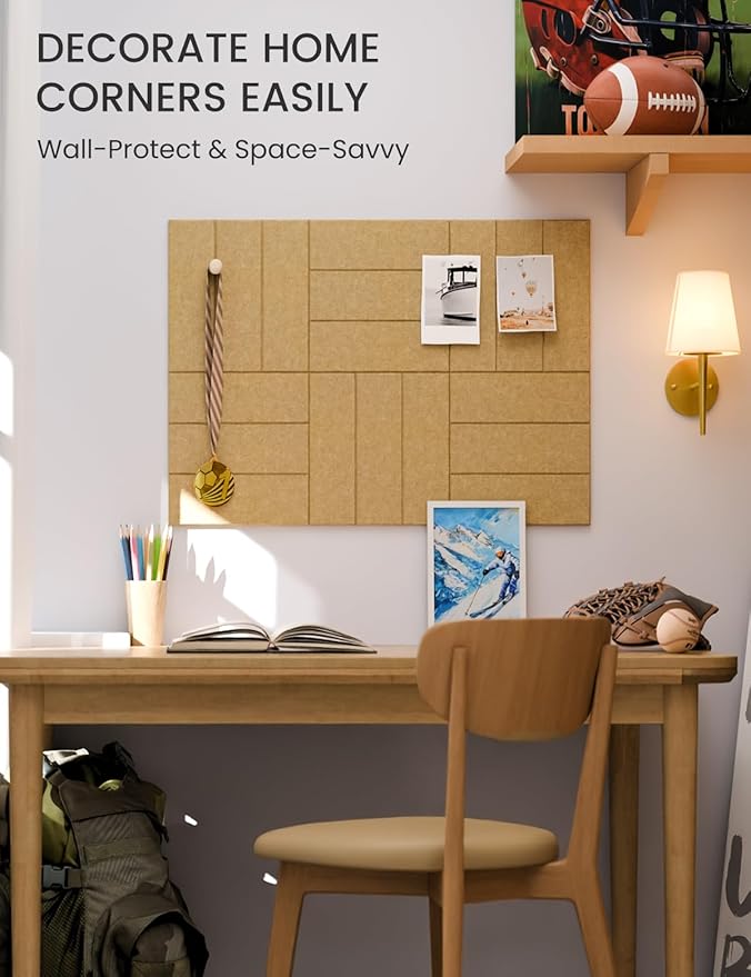 Fluxynara Felt Bulletin Board Tiles -28"x18" with 40 Adhesive Tabs, Cork Board Alternative for Office Decor, Push Pin Board Wall Organizer 6-Pack (Longan Tan)