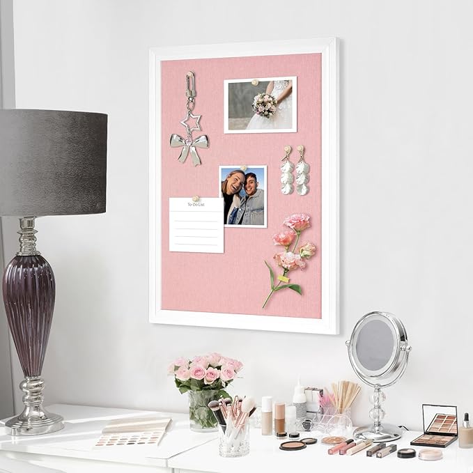 DOLLAR BOSS Bulletin Board with Linen 36'' x 24'' White Framed Cork Boards for Walls, Photo Display Pin Board, Decorative Corkboard for Office Home School Girls Dorm Decor with 10 Pushpins, Pink