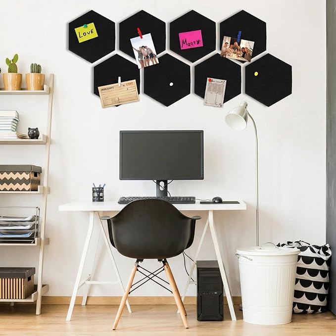 8 Pcs 12" Large Hexagon Felt Cork Bulletin Board Tiles Self Adhesive DIY Pin Board with 50 Push Pins and 10 Colored Clips, Wall Decor for Office Home Kitchen Photos Memos(Colorful)