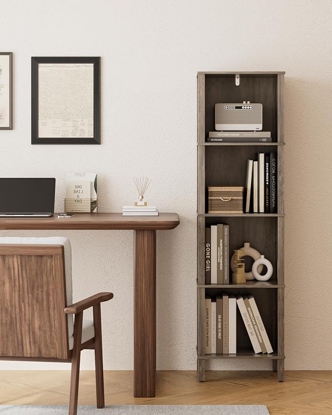 Bookshelf, Modern 4-Tier Bookcase, Open Storage Book Shelf, 11 × 14.2 × 50.4 Inches, Small Narrow Bookshelves for Living Room, Home Office, Bedroom, Gray