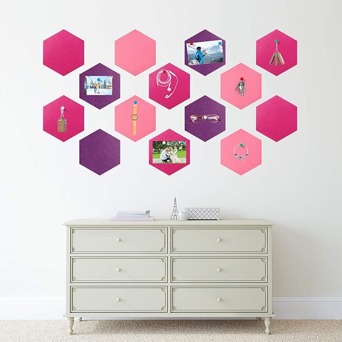 21 Pieces Pin Board Hexagon Felt Board Tiles Bulletin Board Memo Board Notice Board with 40 Pieces Push Pins for Home Office Classroom Wall Decor 5.9 x 7 Inches/ 15 x 17.7 cm (Rose Red, Purple, Pink)
