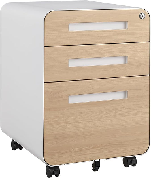 Garvee 3 Drawer File Cabinet with Lock, Under Desk Mobile Metal Filing Cabinet for Home Office, 5 Wheel Anti-Tilt Rolling File Cabinets for A4/Letter/Legal Size, Fully Assembled