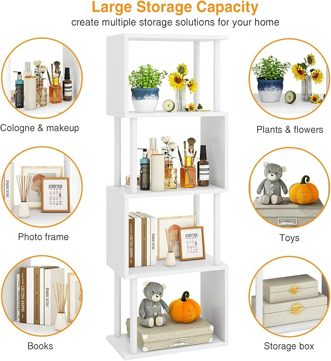IBUYKE 5-Tier Tall Bookshelf,S-Shaped Geometric Bookcase, Wood Display Shelves with Storage,Modern Bookshelf for Living Room Bedroom, Home Office, White WBC015W