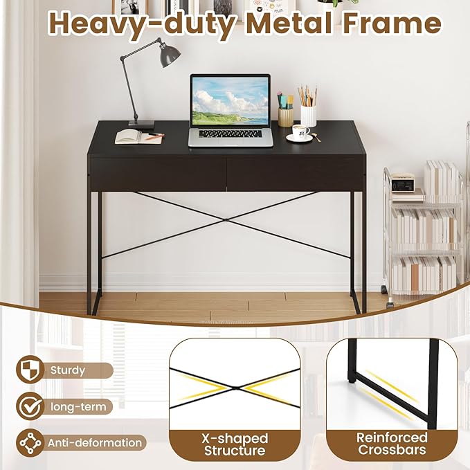 Giantex Computer Desk with 2 Drawers, 44 Inch Home Office Desk with Anti-Toppling Device & Metal Frame, Compact Laptop PC Table, Makeup Vanity Table, Modern Study Writing Desk for Small Spaces (Black)