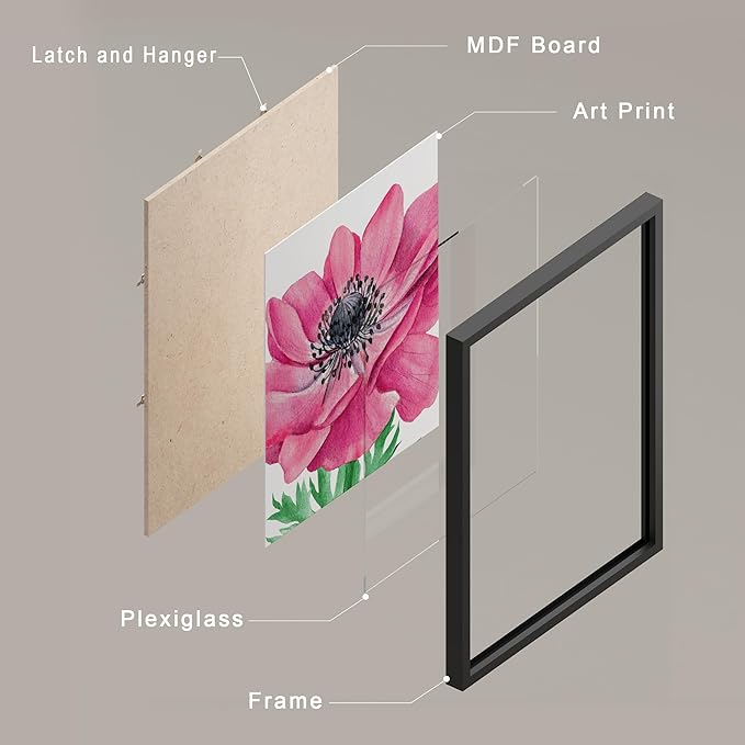 SIGNWIN Framed Poster Bathroom Decor, Wall Art Room Decor Multicolor for Living Room, Bedroom, Office Pink Daisy Jungle Tropical Botanical Palm Leaf Nature Abstract Shapes - 12"x16"x 8 Black