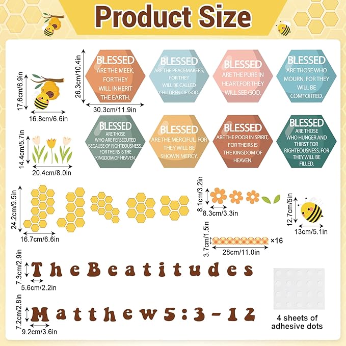 Christian Bulletin Board Decoration The Beatitudes Matthew 5:3-12 Classroom Decoration Motivational Bible Verse Poster Paper Cutouts for Back to School Sunday School Church Parish Decor（Groovy）