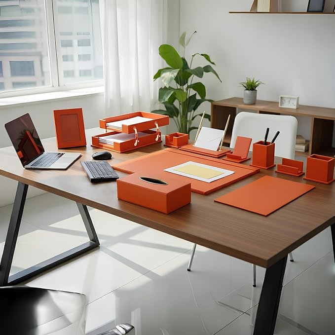 Luxury Executive Leather Desk Organizer Set –15-Piece Office Desk Accessories with Desk Pad, Letter Tray, Phone Stand, Pen Holder & Coasters – Professional Office Desk Decor & Gift (Orange)