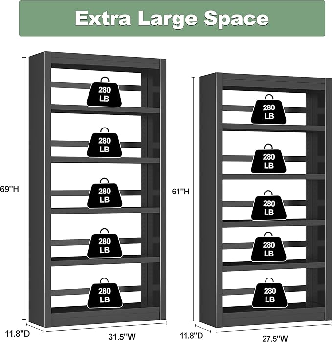 Bookshelf, 5-Tier Bookcase, Modern Bookshelves with Adjustable Shelves, Book Shelf for Home Office, Living Room, Garage, Minimalist Lifestyle & Small Space Living(Black)