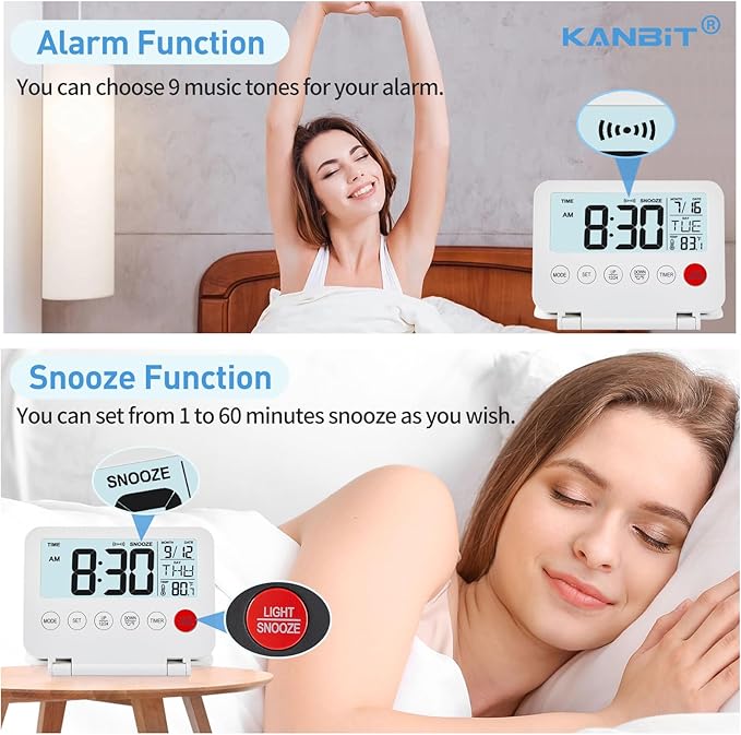 Small Digital Travel Alarm Clock, Large LCD Display Front Button with Date & Temperature, Snooze and 8 Seconds Backlight AAA Battery Operated Desk Clock for Home & Office, White