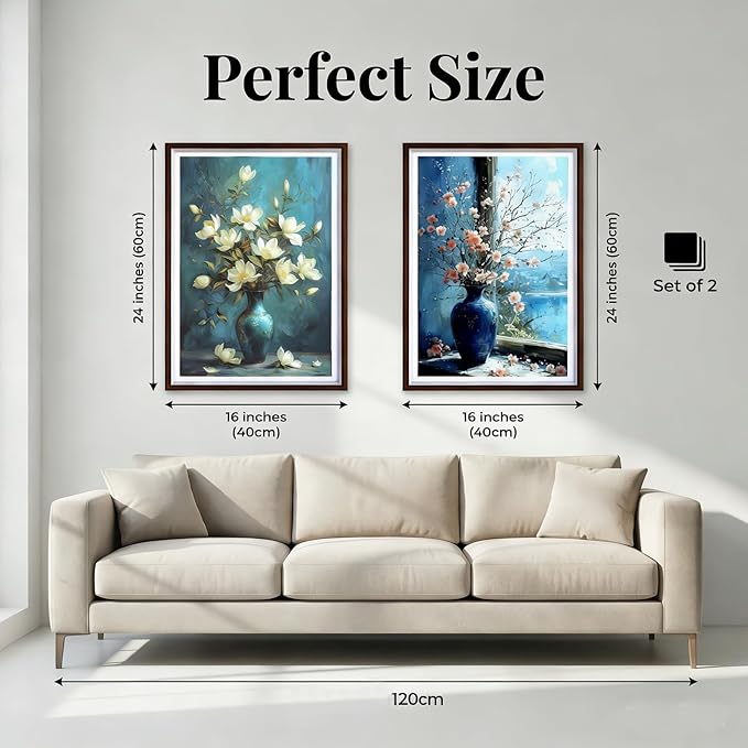 Set of 2 Floral Still Life Canvas Wall Art | Oil Painting Style High Definition Prints with Rustic Frames | Ready to Hang Modern Farmhouse Wall Decor for Living Room, Bedroom & Kitchen (16x24 Inchesx2)