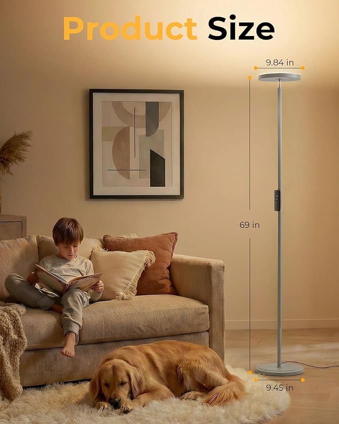 Floor Lamp for Bedroom,69" Tall Standing Lamp Remote & Foot Switch with 1H Timer, 2700-6500K Stepless Dimmable Modern Pole Light for Bedroom, Office, Reading, Sliver