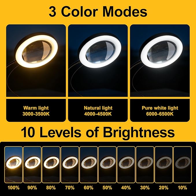 8X Magnifying Glass with Light and Battery Adapter for DeWalt 20V Li-ion Battery, 72 LED 3 Color Modes Stepless Dimmable Desk Lamp, Hands Free Flexible Gooseneck Magnifier for Close Works Crafts Hobby