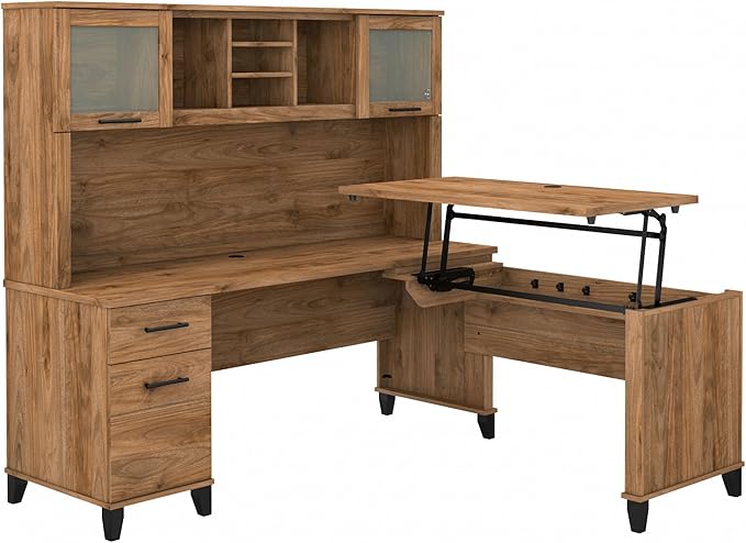 Bush Home Somerset 72W 3 Position Sit to Stand L Shaped Desk with Hutch in Fresh Walnut | Adjustable Height Table for Home Office