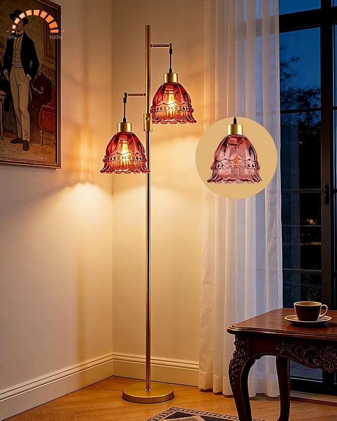 Lightdot 65IN Glass Floor Lamp for Living Room, 2- Light Gold Flower Floor Lamps with Rose Red Glass Lampshade,3000K Warm White Modern Standing Tall Lamp for Bedroom Corner Sofa Beside