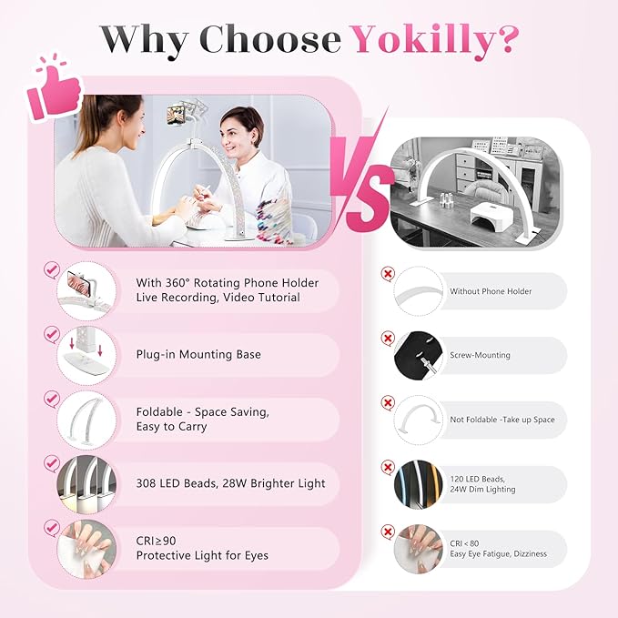Yokilly Half Moon Light for Nail Desk: 23" Foldable Half Moon Desk Lamp with Phone Holder for Beginner - Arch Nail Tech Light with 3 Color Modes & 10 Brightness for Manicure Salon (Diamond, Small)