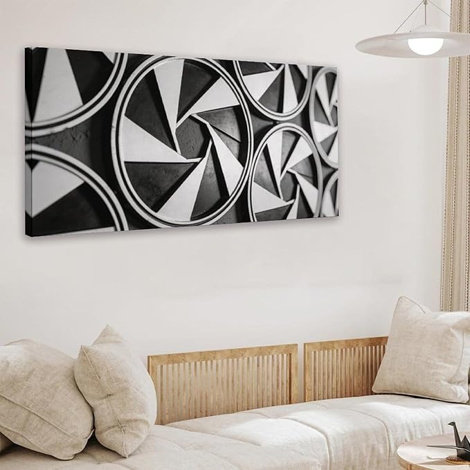 Modern Geometric Framed Canvas Wall Art for Living Room, Black White Abstract Decor 58"L x 28"W