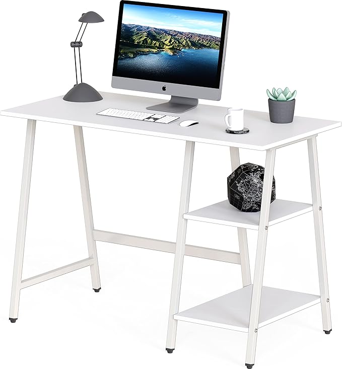 SHW 43-Inch Home Office Trestle Computer Desk with Open Storage Shelves, White
