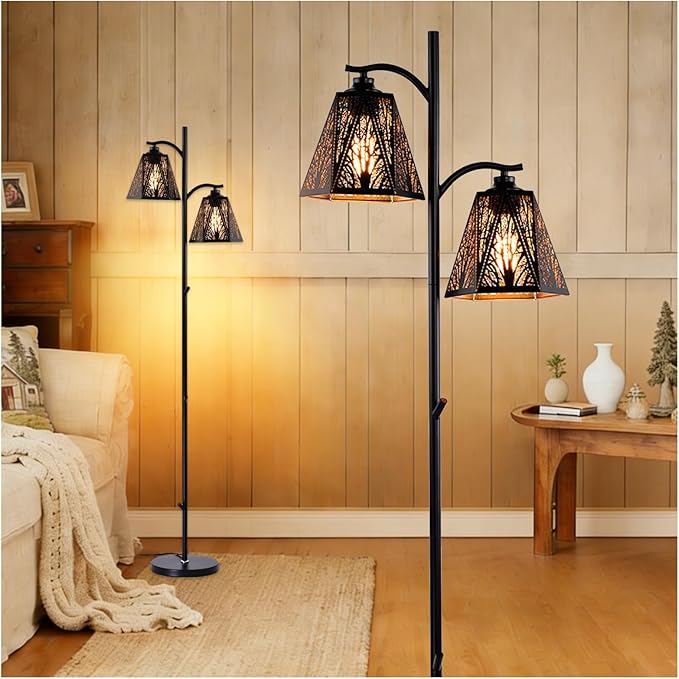 64.56" Tall Rustic Floor Lamp,2-Light Tree Gothic Black Metal Forest Tree Lampshade Farmhouse Floor Lamps for Living Room,Western Standing Floor Light for Bedroom,Home,Office,Corner,Bar