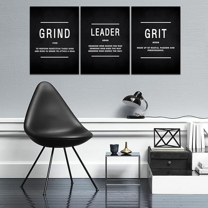 Motivational Grind Grit Leader Wall Art, Canvas Painting Wall Decor Inspirational Posters Prints for Living Room Bedroom, Office Decor, Gallery-Wrapped Canvas Art Set Framed Easy Hang- 12"Wx16"Hx3PCS