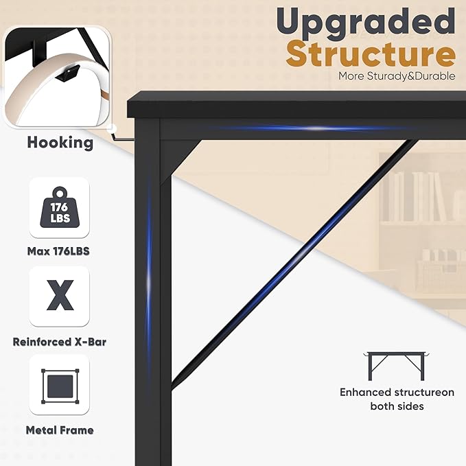 Shahoo Computer Desk, 40 Inch Office Writing Work Table, with Storage Bag and Hook, for Home, Study, Black