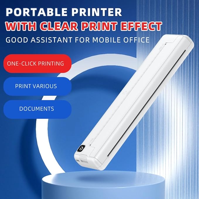 Yoidesu Portable Thermal Printer, Supports A4 Thermal Paper, 200DPI Inkless Mobile Travel Printers for Car School Office, Mini Bluetooth Printer for Android for iOS Phone