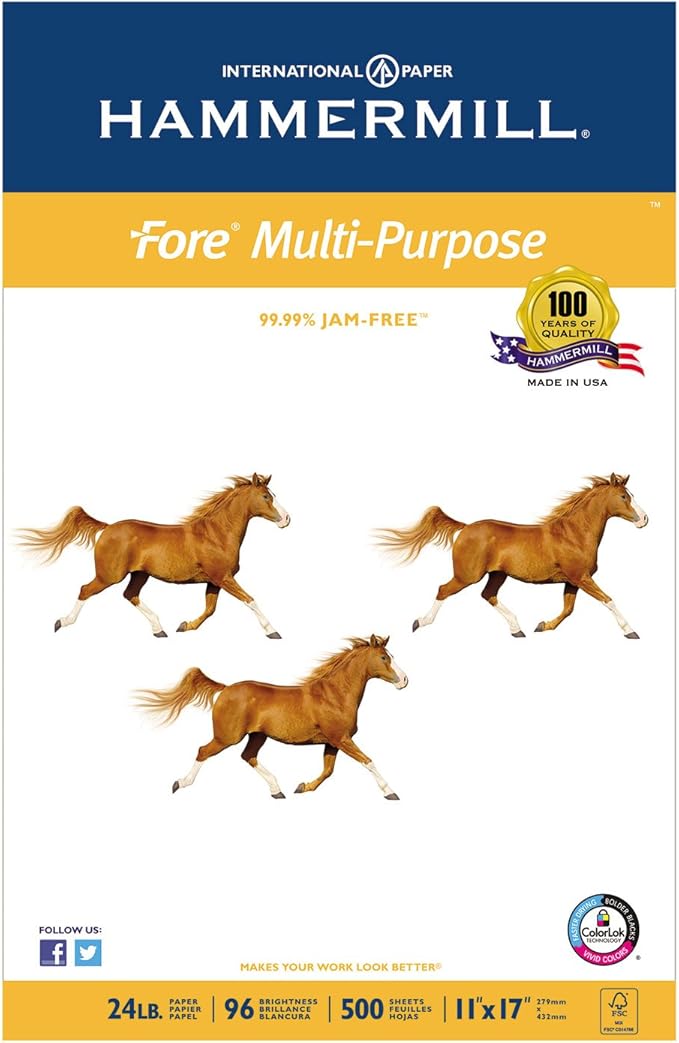 Hammermill Printer Paper, Fore Multipurpose 24 lb Copy Paper, 11 x 17-96 Bright, Made in the USA, 102848R - 1 Ream (500 Sheets)