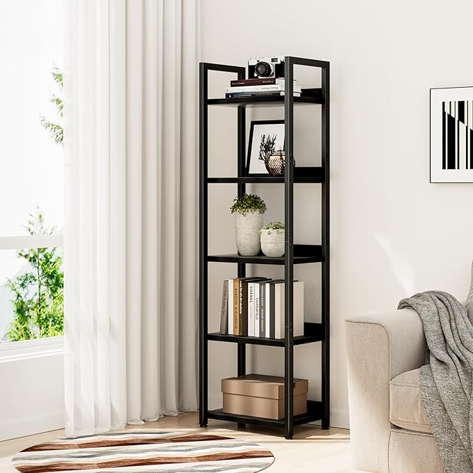 NUMENN Narrow Bookshelf, 5 Tier Bookshelves, Home Office Bookcase Shelf Storage Organizer, Free Standing Storage Shelving Unit for Bedroom, Living Room and Home Office, Grey
