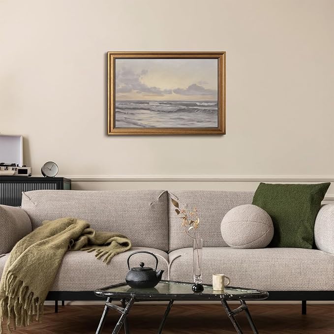 Gold Framed Wall Art Vintage Canvas Wall Art Aesthetic Coastal Landscape Sea Sky Artwork Prints Picture for Living Room Bedroom Farmhouse Bathroom Office Decor, 16x24