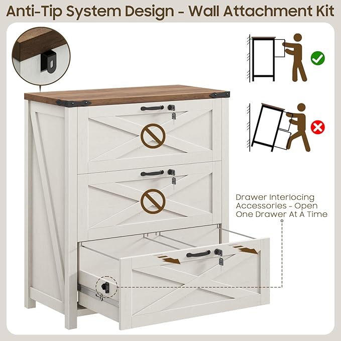 File Cabinet with 3 Drawers, Lateral File Cabinet for Letter/Legal/A4 Size Hanging Files, Large Wood File Storage Cabinets Printer Stand for Home Office, Rustic White and Brown