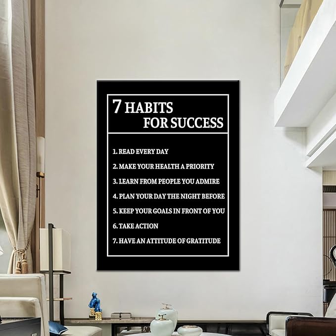 Motivational Canvas Wall Art Inspiring 7 Habits for Success Entrepreneur Quotes Poster Print Inspirational Picture Artwork for Living Room Office Workplace Decor Framed Ready to Hang [30''Wx 40''H]