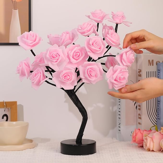 Drawelry Rose Flower Tree Lamp - LED Rose Tree Table Lamp USB/Battery Powered Artificial Bonsai Flower Night Light for Bedroom Living Room Party Wedding Birthday Decor (Pink)