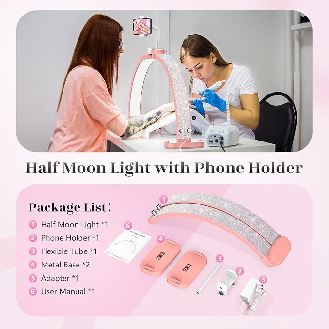 Half Moon Light for Nail Tech: 31 inch Lash LED Lamp with Phone Holder - 48W Foldable Arch Lights for Eyelash Tech - Manicure Handicraft Lighting for Spa,Salon