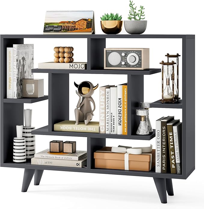 Tangkula Geometric Bookshelf, 3 Tier Modern Freestanding Open Bookcase with Anti-Tipping Devices & Legs, Home Office Decorative Storage Organizer Display Shelf for Living Room Study (Dark Grey)