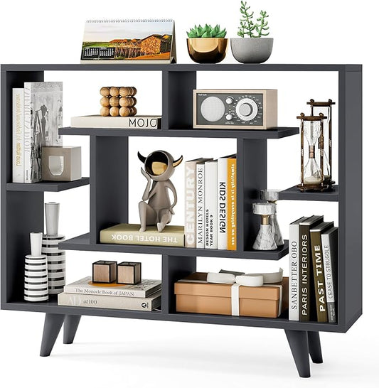Tangkula Geometric Bookshelf, 3 Tier Modern Freestanding Open Bookcase with Anti-Tipping Devices & Legs, Home Office Decorative Storage Organizer Display Shelf for Living Room Study (Dark Grey)