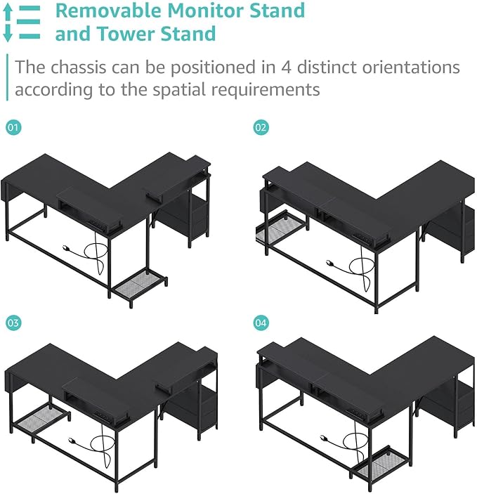 Lufeiya L Shaped Gaming Desk with Led Lights and Power Outlets, 48 Inch Corner Home Office Desk with Monitor Stand Shelves, Writing Study Computer Desks with Fabric Drawers for Bedroom, Black