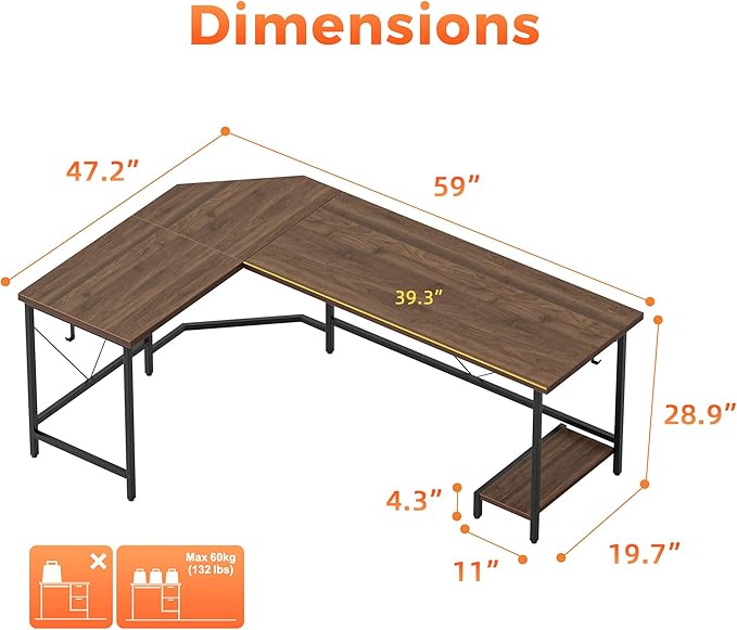 Mericonia 59 inch Large L Shaped Desk, Simple Corner Gaming Desk with CPU Stand & Hooks, Computer Desk for Home, Bedroom & Office Workspace, Walnut