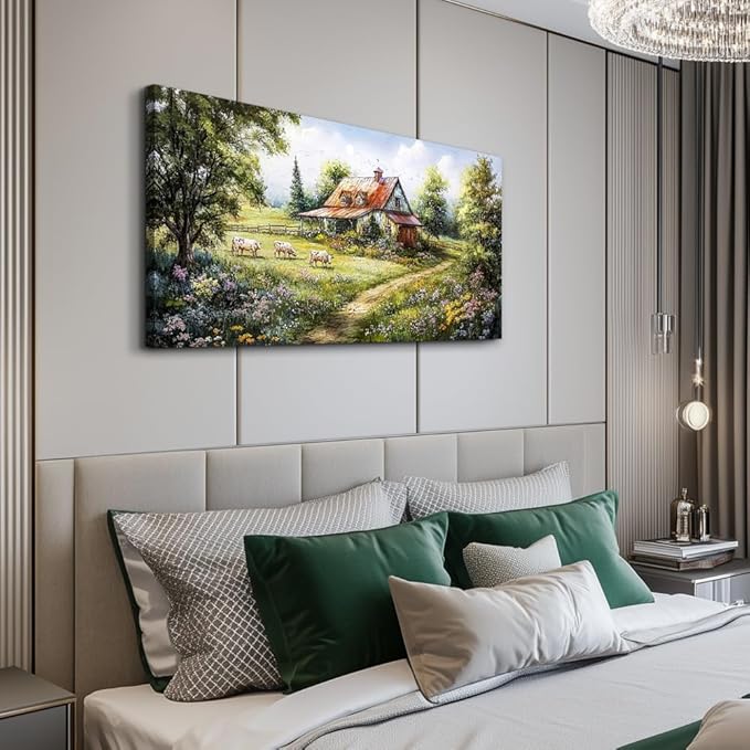 QIYILEXWART Canvas Wall Art For Living Room Wall Decor For Bedroom Office Wall Decorations Modern Grassland Paintings The Hut Pictures Artwork Room Aesthetic Home Decor Ready To Hang