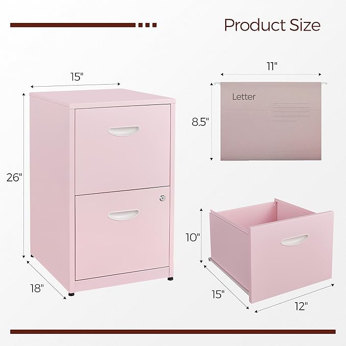 2 Drawer File Cabinet with Lock,Pink Metal Filing Cabinets,Vertical Locking File Cabinet Fit Hanging Files, Letter,File Box and A4 Documents(Pink)