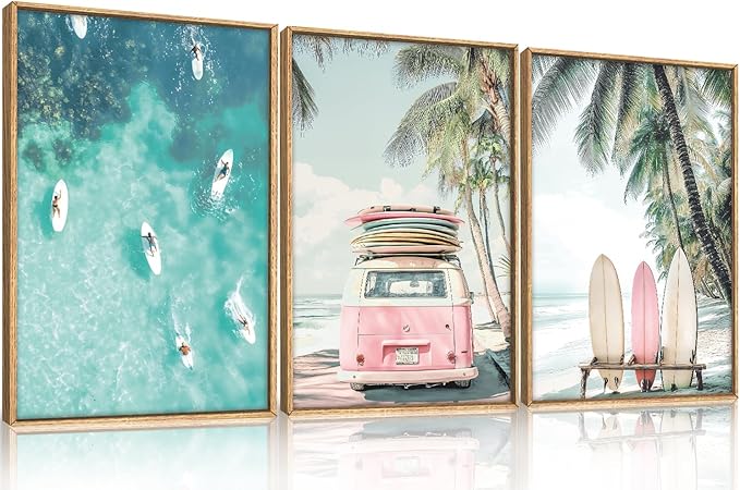 HOURIA Summer Surfboard Beach Framed Canvas Wall Art Set,Modern Ocean Surfing Seascape Wall Decor,Coastal Bus Coconut Tree Wall Painting,Nature Botanical Art Prints for Living Room, Bedroom-24 x36 x3