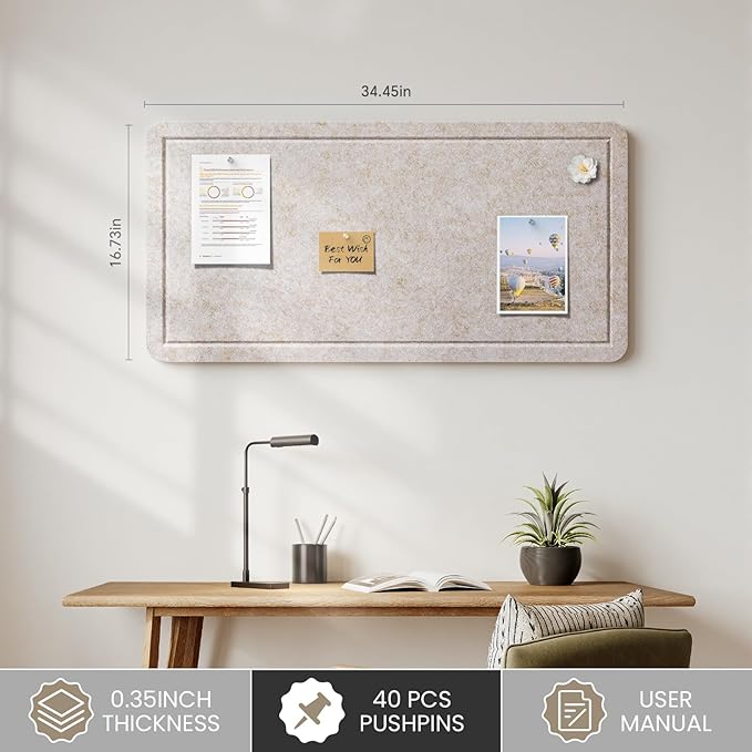 Bulletin Board, 35 X 17 inches Decorative Felt Cork Board Alternative with Pushpins, Foldable Felt Notice Pin Board Photo Display Board for Office Home School Wall